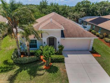 Aerial view of a single-story home showcasing the roof, landscaping, and driveway at 10106 Tolman Dr, Hudson, FL 34667