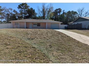 Charming single-story home with an attached garage and a well-manicured front yard at 12116 Lamont Dr, Spring Hill, FL 34608