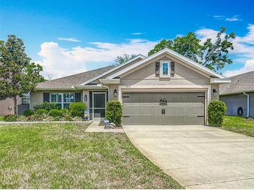 Charming single Gathering home showcasing a well-maintained lawn, mature landscaping, and an attached two car garage at 13111 Precept Way, Hudson, FL 34669