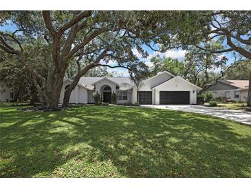 Traditional home showcasing a well-manicured lawn and mature trees, creating an inviting curb appeal at 7233 Royal Oak Dr, Spring Hill, FL 34607