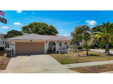Charming single-story home featuring a two-car garage, well-maintained landscaping, and a welcoming front entrance at 8600 N Briar Patch Dr, Port Richey, FL 34668
