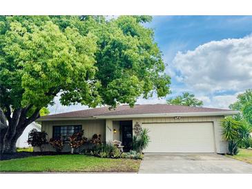 Charming single-story home with a well-manicured lawn and mature trees providing shade at 13108 Sheridan Dr, Hudson, FL 34667