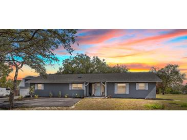 Charming exterior view of a single-story home with a well-manicured lawn and beautiful sunset in the background at 14545 Battenwood Dr, Spring Hill, FL 34610