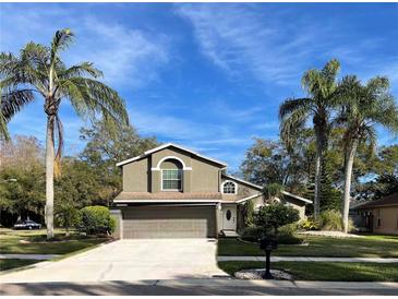 Charming two-story home featuring a well-manicured lawn, mature trees, and a welcoming front entrance at 4047 Eagle Cove West Dr, Palm Harbor, FL 34685