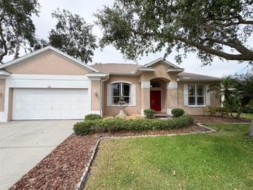 Charming single-story home featuring a well-manicured lawn, red front door, and attached two-car garage at 1121 Riveredge Dr, Tarpon Springs, FL 34689