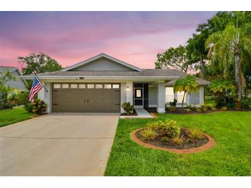 Charming single-story home with well-manicured lawn, mature trees and attached two car garage at 13039 Topflite Ct, Hudson, FL 34669