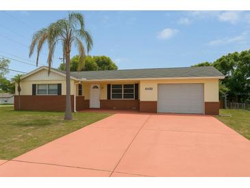Charming single-story home featuring a vibrant red driveway and a well-maintained lawn at 6450 Limerick Ave, New Port Richey, FL 34653