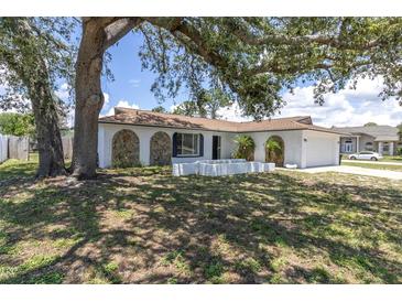 Charming home featuring an arched entryway and stone accents at 1402 Tallahassee Dr, Tarpon Springs, FL 34689