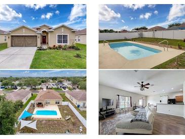 Collage showcasing the home's exterior, including the front facade, backyard pool, and landscaped yard at 15205 Durango Cir, Brooksville, FL 34604
