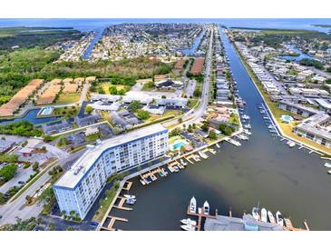 High-angle view of waterfront condo, marina, and coastal neighborhood, showing waterways and community amenities at 4939 Floramar Ter # 204, New Port Richey, FL 34652