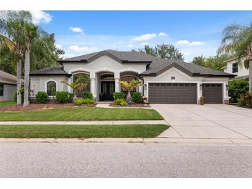 Stunning single-story home with a manicured lawn, mature landscaping, and a three-car garage at 15413 Azra Dr, Odessa, FL 33556