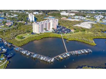 Stunning aerial view of waterfront condo community with boat docks and lush landscaping in a desirable location at 4516 Seagull Dr # 512, New Port Richey, FL 34652