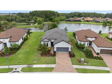 A stunning aerial view of a single-story home with a gray roof, nestled beside a serene lake and lush greenery at 11398 Juglans Dr, Odessa, FL 33556