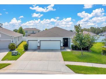 Charming single-story home featuring a two-car garage, lush landscaping, and a welcoming entrance at 13454 Golden Lime Ave, Spring Hill, FL 34609