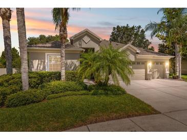 Charming single-story home with lush landscaping, a well-manicured lawn, and a three-car garage at 3243 Stonegate Falls Dr, Land O Lakes, FL 34638
