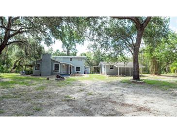 Spacious backyard featuring the main house, a detached guest house, a fire pit, and mature trees at 6234 Cyril Dr, Dade City, FL 33523