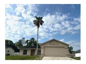 Charming single Gathering home featuring an attached two car garage and mature palm tree in the front yard at 6354 Freeport Dr, Spring Hill, FL 34608