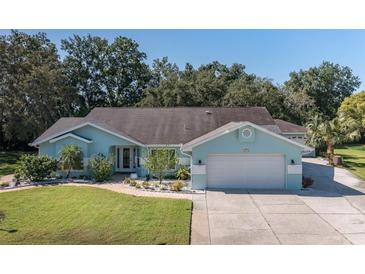 Charming single-story home with a well-manicured lawn and a two-car garage and light blue exterior at 3609 Montclair Dr, New Port Richey, FL 34655