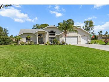 Charming single-story home featuring a well-manicured lawn, two-car garage, and elegant front entrance at 487 Waterloo Ct, Spring Hill, FL 34609