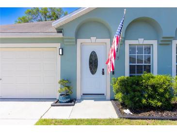 Inviting front entrance with an oval-window door, attached garage, and neatly manicured landscaping at 6172 Raleigh St, Spring Hill, FL 34606