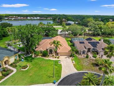 Stunning aerial view of home with lush landscaping, tile roof, and lake views in a desirable community at 9161 Southern Comfort Ct, Weeki Wachee, FL 34613