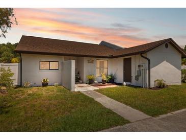 Charming single-story home with neutral paint, brown roof, landscaping, and a walkway at 11402 Shallowbrook Pl, Tampa, FL 33624