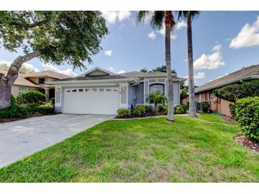 Charming single-story home featuring a well-manicured lawn and a two-car garage at 14466 Tamarind Loop, Spring Hill, FL 34609