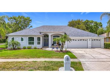 Charming single-story home with manicured lawn, palm trees, and a three-car garage at 18902 Saint Laurent Dr, Lutz, FL 33558