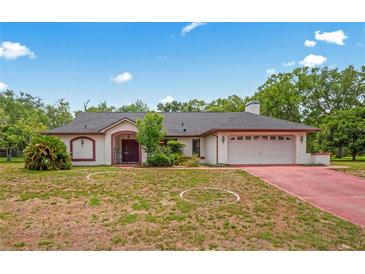 Charming single-story home with a well-maintained yard and attached two-car garage at 128 Oak Lake Dr, Spring Hill, FL 34608