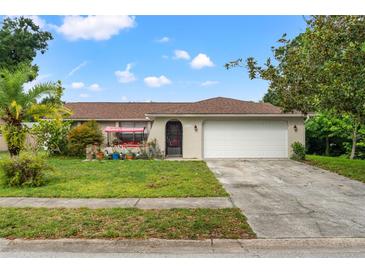 Charming single-story home with a well-manicured front yard and attached two car garage at 4350 Sawgrass Blvd, New Port Richey, FL 34653