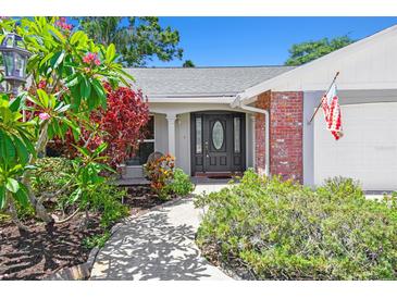 Charming home featuring a black front door with decorative glass and beautiful landscaping at 1265 Royal Oak Dr, Dunedin, FL 34698