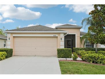 Charming single-story home featuring a two-car garage, manicured lawn, and tasteful landscaping at 18530 Dobson Dr, Hudson, FL 34667