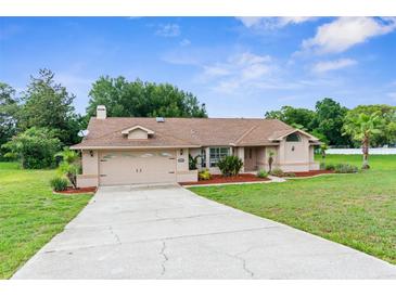 Charming single-story home featuring a well-manicured lawn and attached two-car garage at 13125 Jessica Dr, Spring Hill, FL 34609
