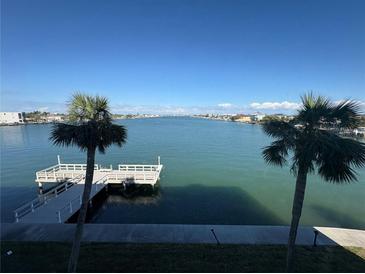 Beautiful waterfront views with a private dock surrounded by palm trees on a sunny day at 5555 Gulf Blvd # 315, St Pete Beach, FL 33706