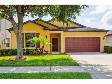 Charming single-story home featuring a well-manicured lawn, mature tree, and a two-car garage at 758 Alpine Thistle Dr, Brooksville, FL 34604