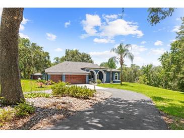 Beautiful single-story home with a lush lawn, mature landscaping, and a long driveway leading to the three-car garage at 22850 Skyview Cir, Brooksville, FL 34602