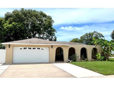Charming home with a well-manicured lawn, inviting arched entryway, and a two-car garage at 3447 Paloma Dr, Holiday, FL 34690