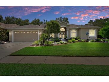 Charming single-story home featuring a lush front lawn, mature landscaping, and welcoming double-door entry under a twilight sky at 5072 Abbonmarsh Cir, Brooksville, FL 34604