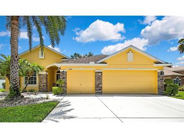 Charming single Gathering home with a two-car garage, beautiful landscaping and stone accents at 11204 Biddeford Pl, New Port Richey, FL 34654