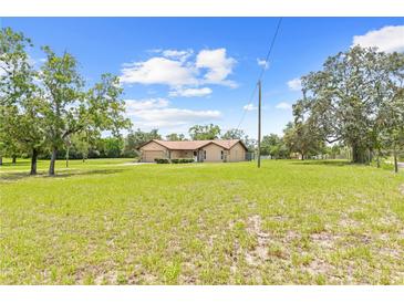 Sprawling single-story home with lush front lawn and mature trees on a sunny day at 13180 Montour St, Brooksville, FL 34613