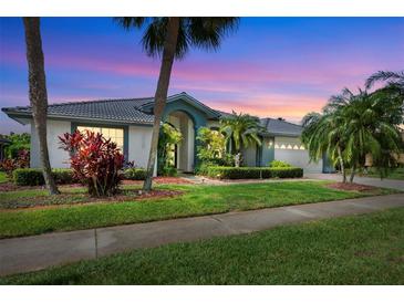 Charming single-story home with a lush green lawn and mature tropical landscaping, creating a welcoming curb appeal at 8540 Caitlin Ct, Hudson, FL 34667