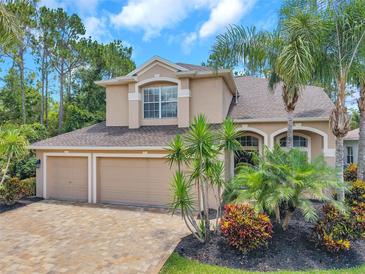 Inviting two-story home with a three-car garage, brick paver driveway, and mature tropical landscaping at 10925 Oyster Bay Cir, New Port Richey, FL 34654