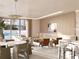 Modern living room with fireplace, pool view, and ample seating at 223 Golden Gate Point # 9C, Sarasota, FL 34236