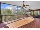 Relaxing screened porch with wood deck, ceiling fan, and lush greenery views at 107 Los Cedros Dr, Anna Maria, FL 34216