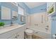 Light blue bathroom with white vanity and bathtub at 1832 University Pl # 23, Sarasota, FL 34235