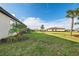 A spacious backyard with well-maintained lawn and tasteful landscaping, including palm trees, under a clear blue sky at 15739 Barefoot Beach Dr, Bradenton, FL 34211