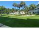 View of the community grounds featuring lush green grass and many tropical palm trees at 324 Madeira Cir, Tierra Verde, FL 33715