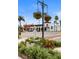 Landscaped street view with decorative flower baskets and palm trees, creating an inviting atmosphere in a charming neighborhood at 701 Armada S Rd, Venice, FL 34285