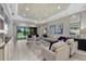 Elegant living room with neutral color palette, and a view of the pool at 12014 Perennial Pl, Lakewood Ranch, FL 34211