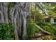 Large backyard with playset and slide nestled amongst lush tropical foliage at 3301 Bay Shore Rd, Sarasota, FL 34234